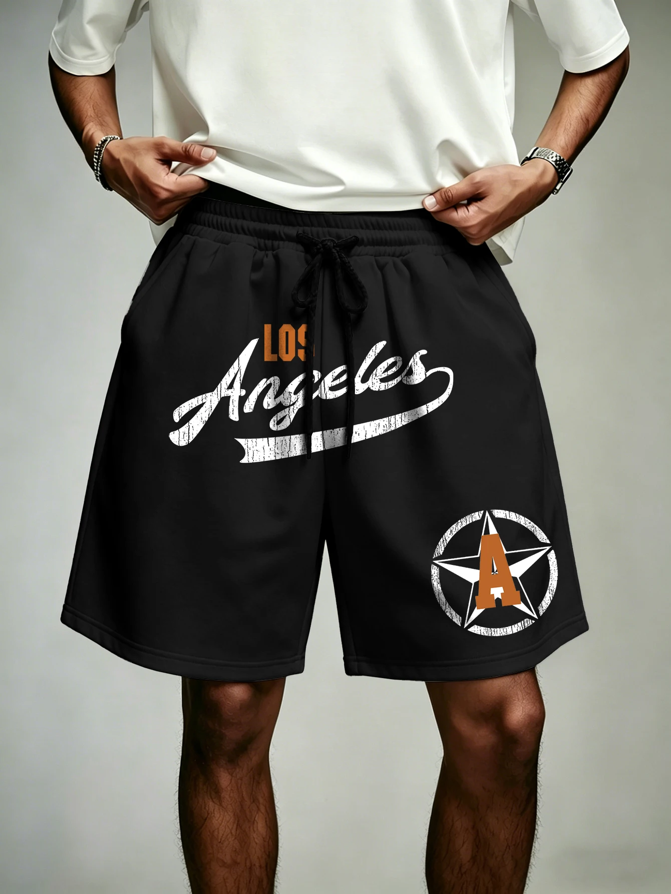 

Men's Streetwear Shorts Los Angeles Star Badge Print Polyester Black Drawstring Casual Shorts S-2XL All Size 1Pc