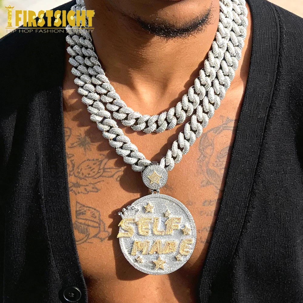 New Hip Hop Luxury Iced Out Self Made Pendant Necklace 15MM Cubic Zirconia Heavy Chunky Prong Cuban Chain  Men Fashion Jewelry