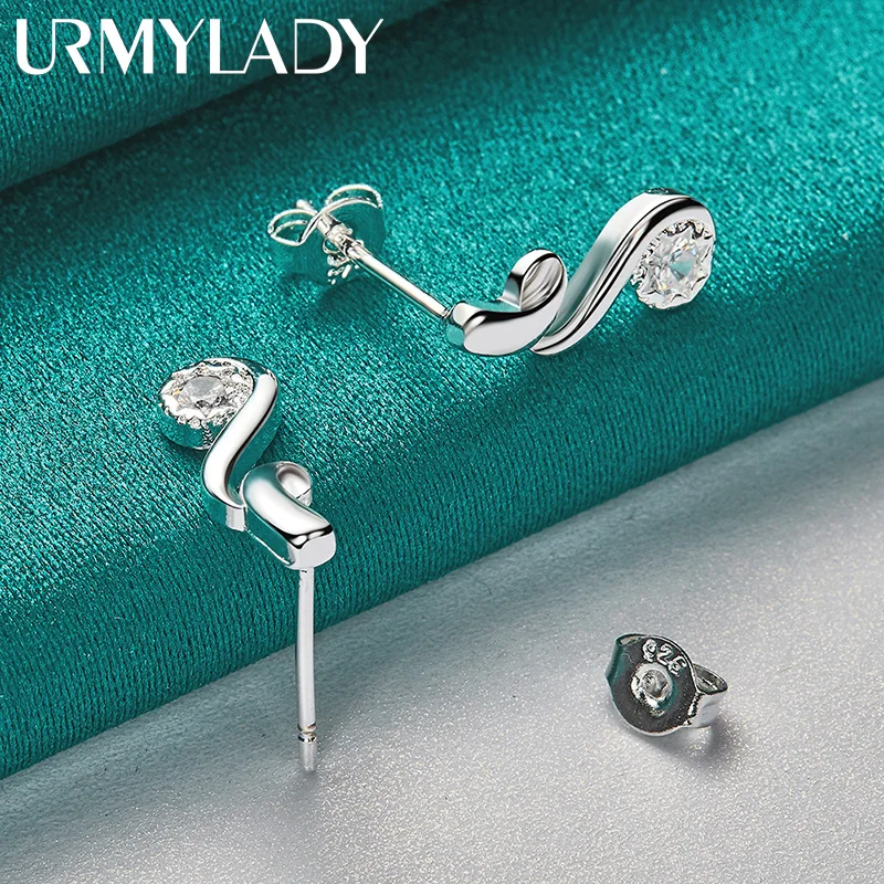 URMYLADY 925 Sterling Silver Musical Note Zircon Stud Earrings For Women Wedding Party Fashion Jewelry