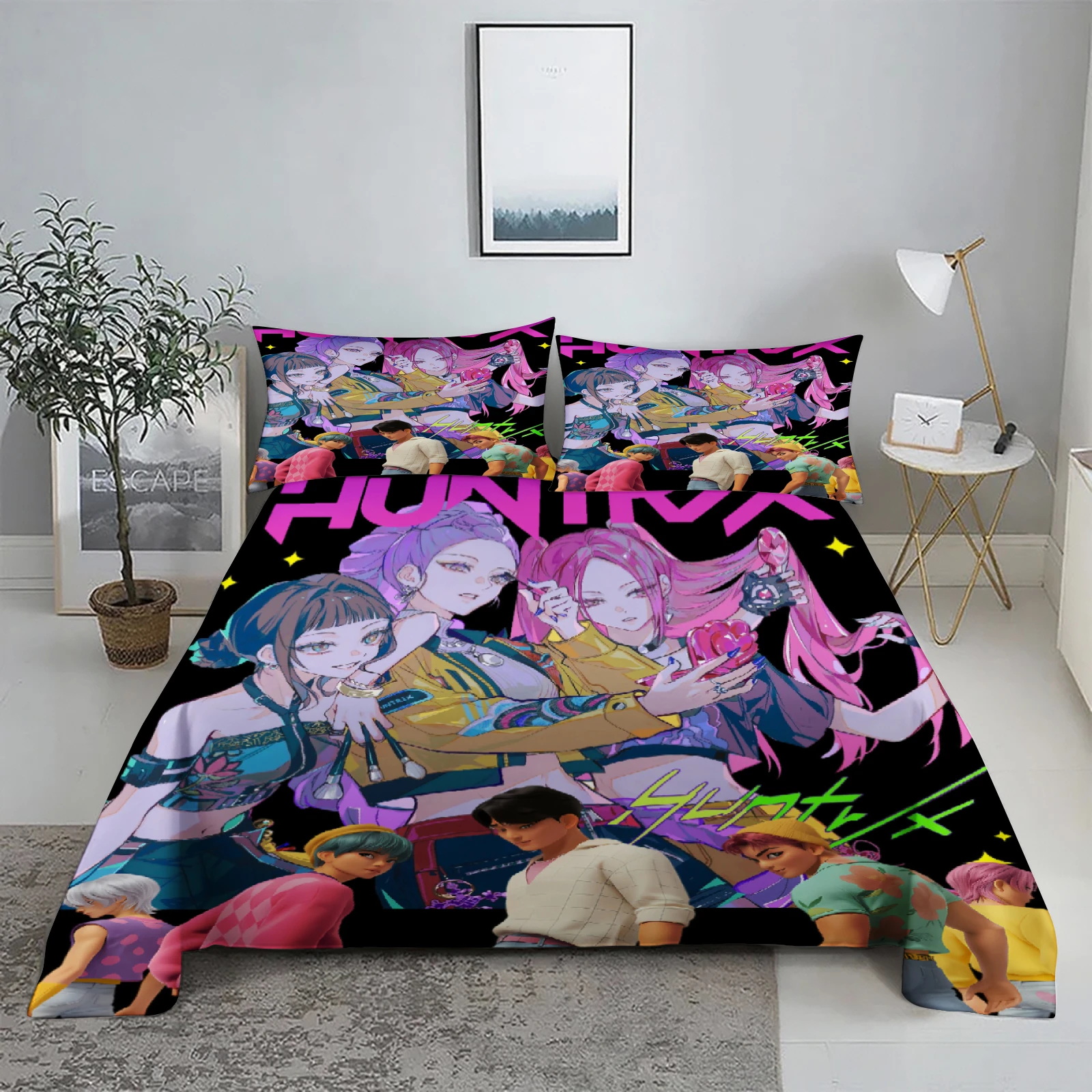 Huntrix، Rumi، Mira D-Demon Hunters K-pop طقم ملاءات سرير مطبوعة ثلاثية الأبعاد ملاءة مسطحة مع كيس وسادة أغطية سرير مقاس كينج كوين