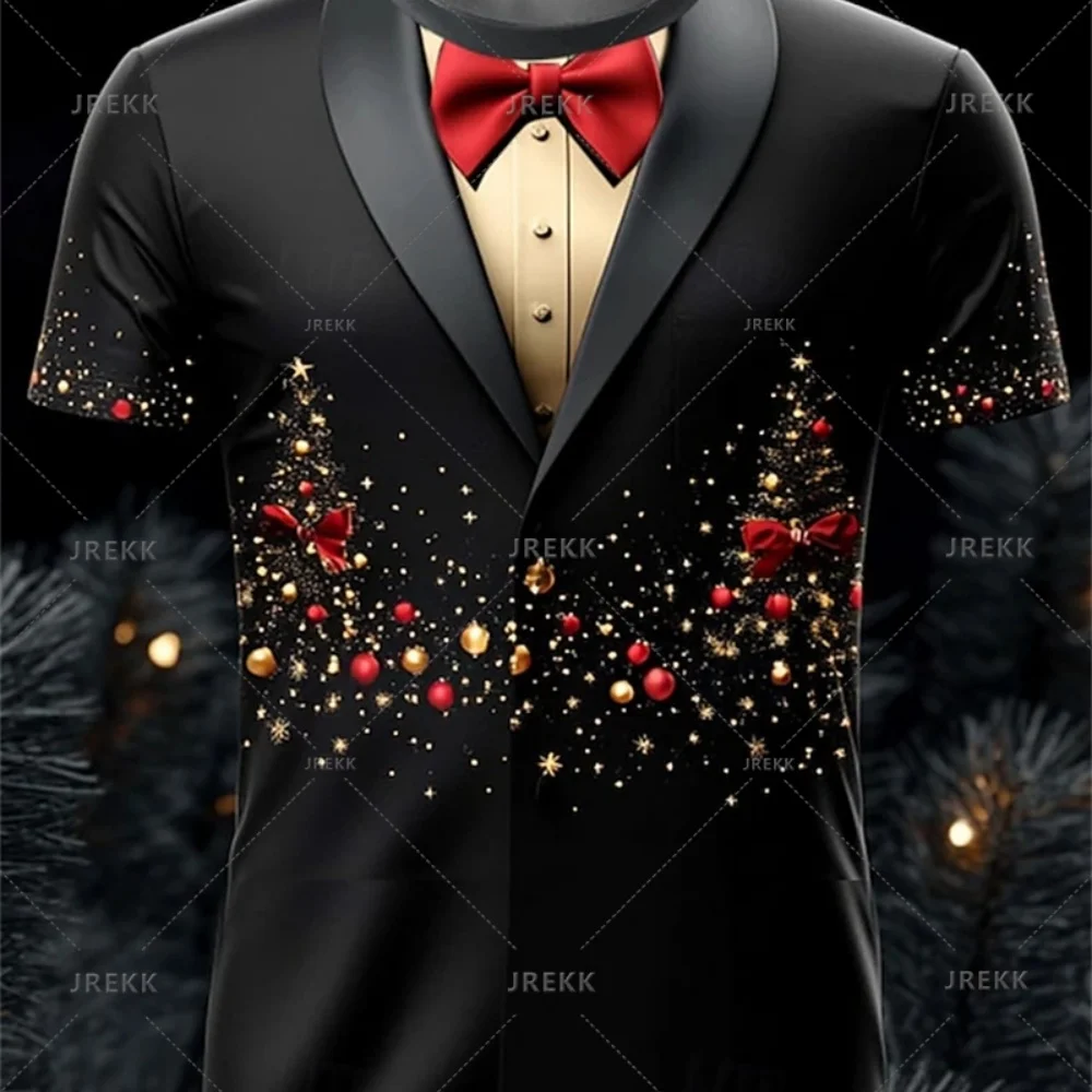 3D Merry Christmas Bow Tie Print T Shirt Cute Santa Claus Reindeer Graphic Short Sleeves Funny Streetwear Mens Clothing T-shirts