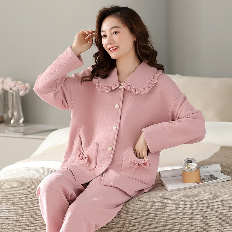 

Pajamas autumn and winter women's three-layer thin cotton cardigan doll large lapel women's winter all cotton pajama set