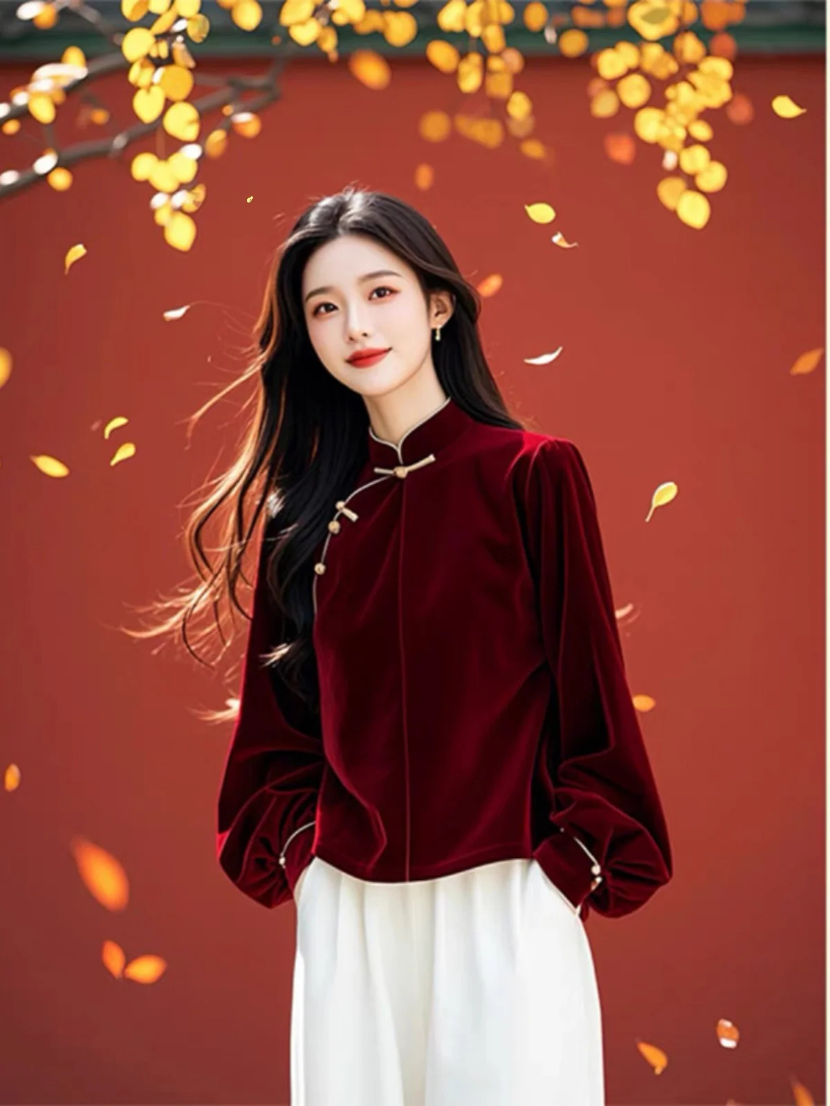 

Red Velvet Long Sleeve Shirt Women's Autumn Winter Fashion Inner Wear Chinese Zodiac Year Shirt Slim Fit Stand Collar Top