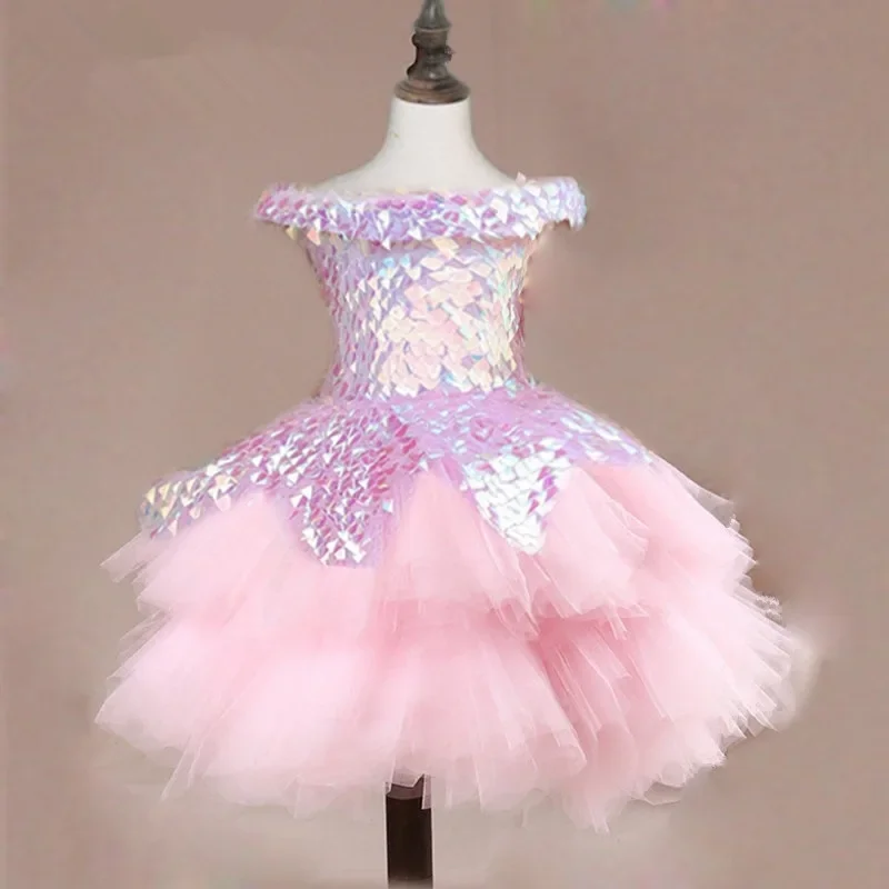 Flower girl Dress Children Wedding Bridemaid Dresses Kids Pink Tutu Sequin Gowns Boutique Party Wear Elegant Frocks