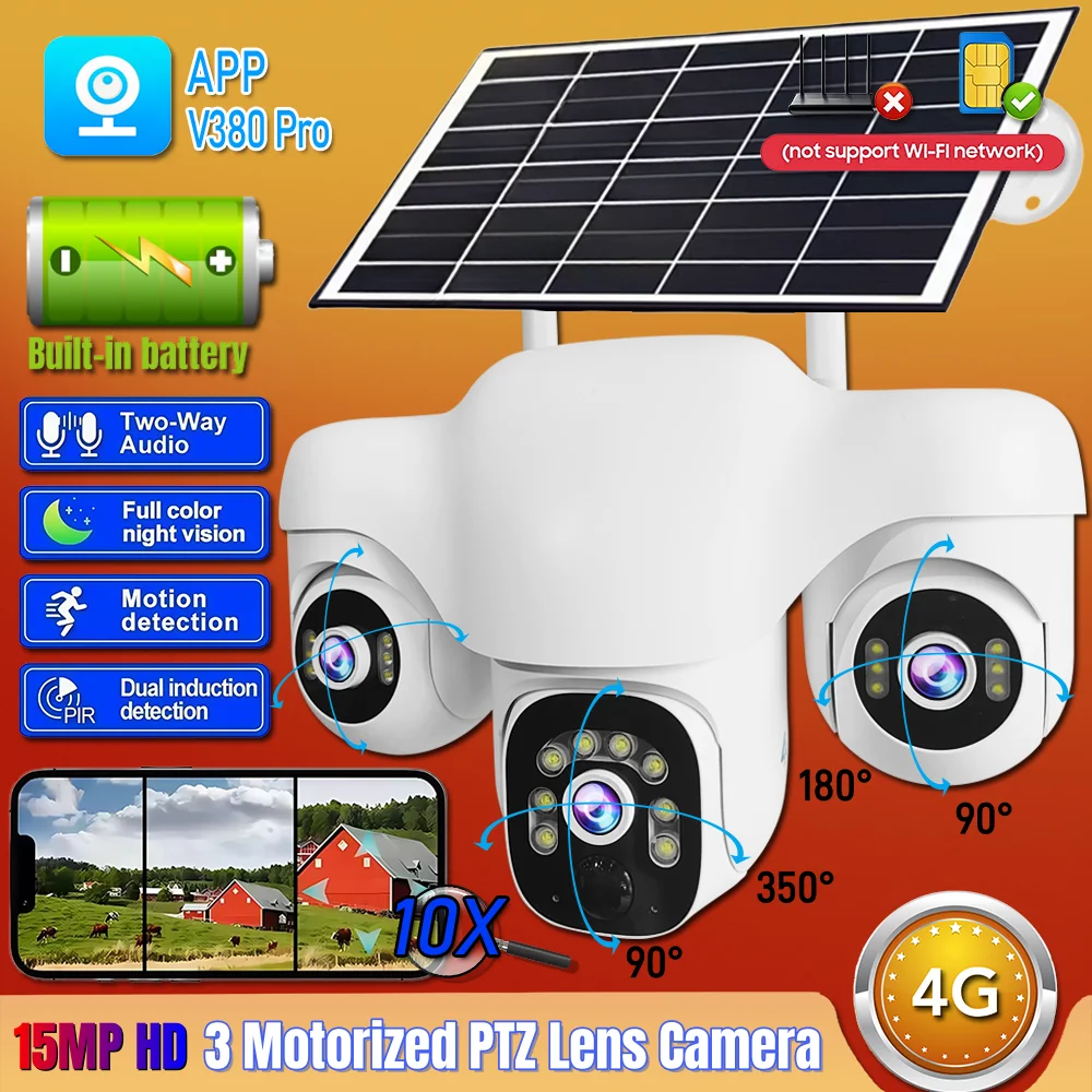 

4G Solar Camera Built-in Battery 15MP 3 Motorized PTZ Lens 10X Zoom IP Security Monitor Auto Tracking Outdoor Waterproof Camera
