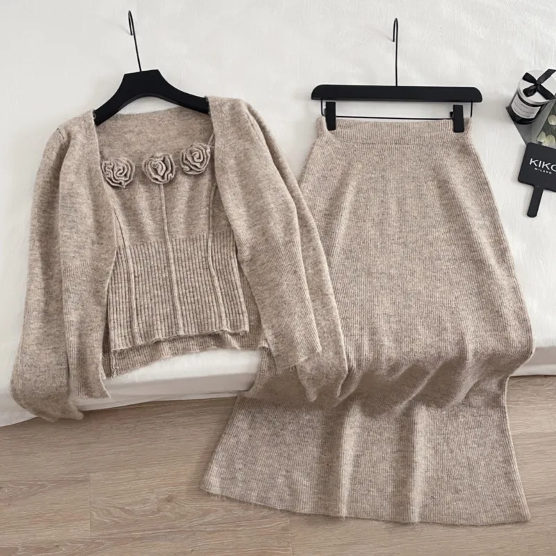 Fall Winter Knitted Skirts Sets For Women Korean Sweet Floral Straped Vest+long Sleeve Knitting Cardigans+long Skirts Sets 2024