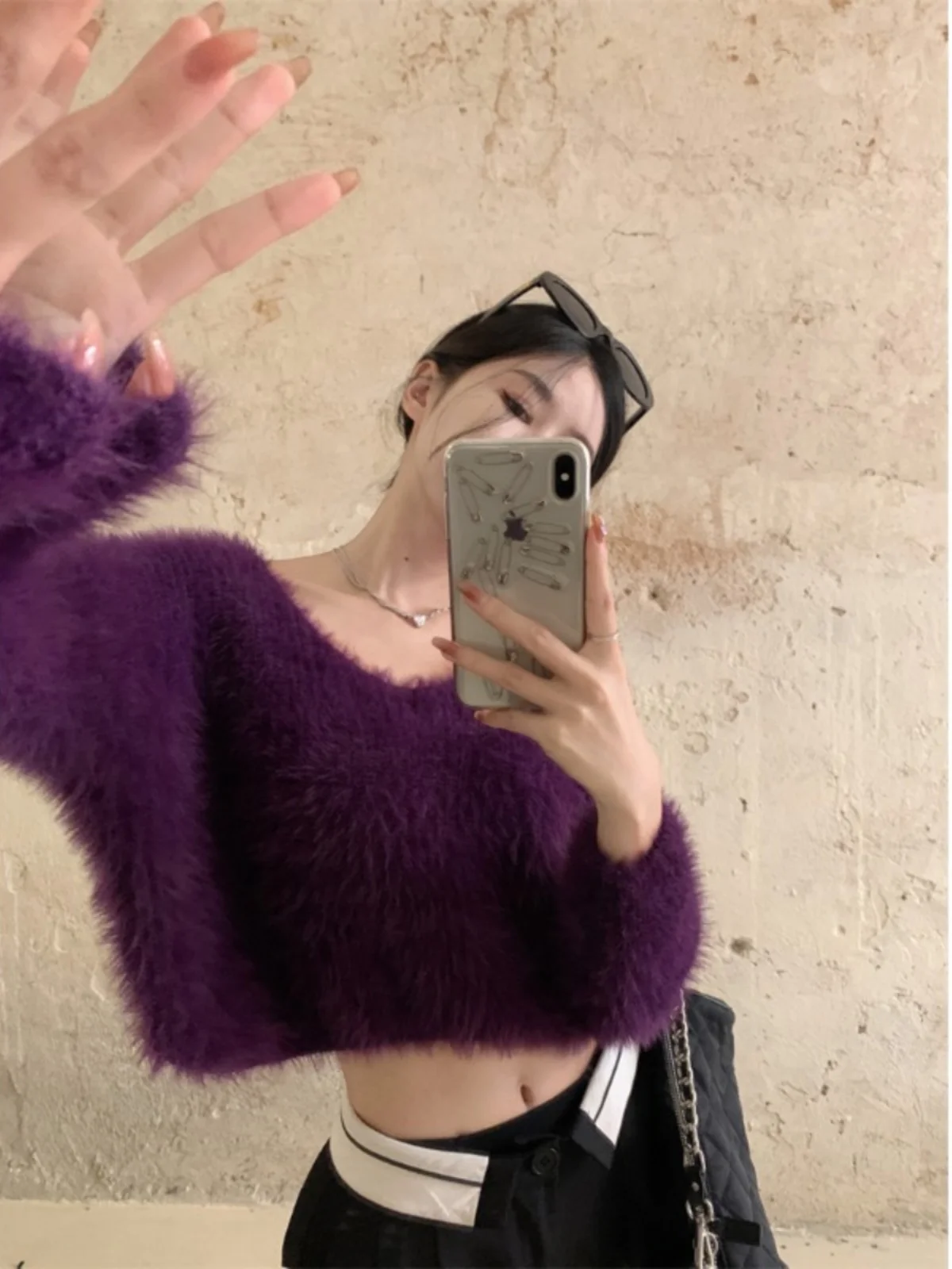 

Purple Short Knit Sweater Women's Autumn Winter Warm Mink Velvet Long Sleeve round Neck Top Soft Cozy Pure Desire Spicy Girl