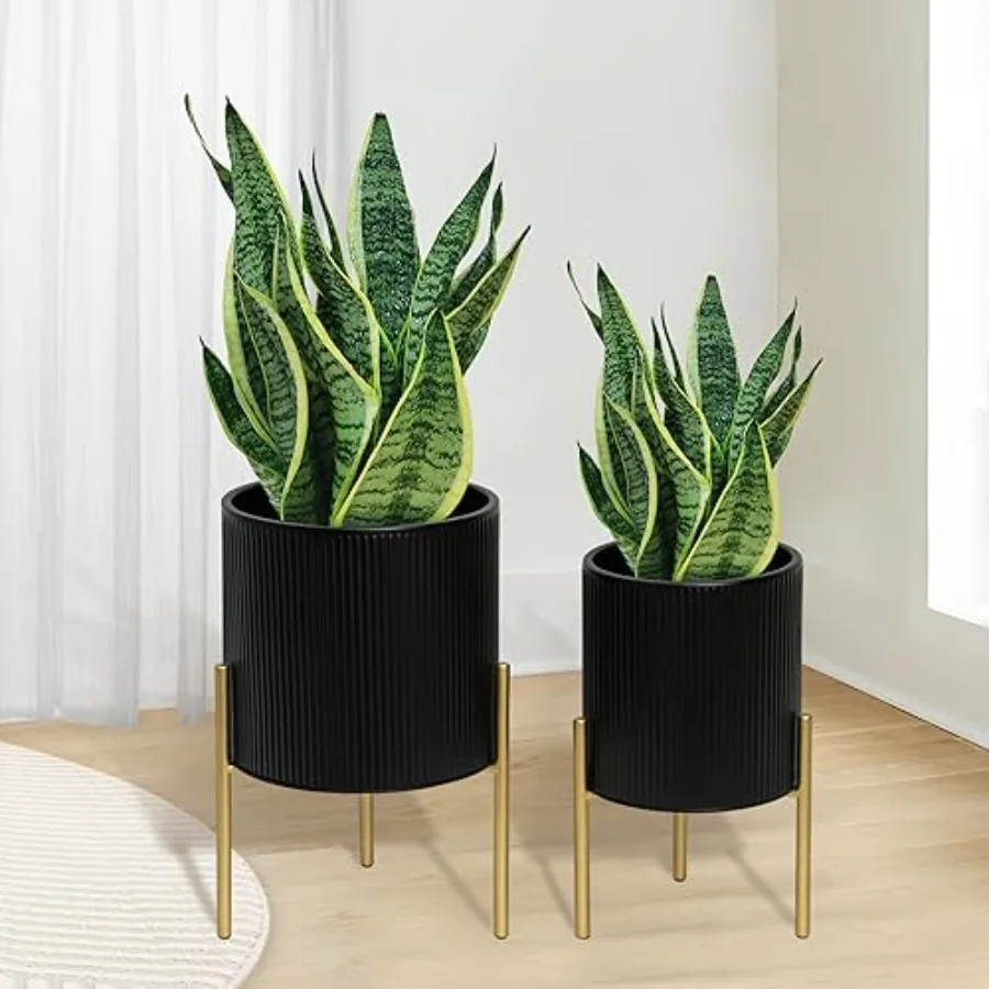 

Modern Planter Pots Set of 2 Round Large Planters with Stand Decorative Planters Metal Pots with Drainage Holes for Living Room