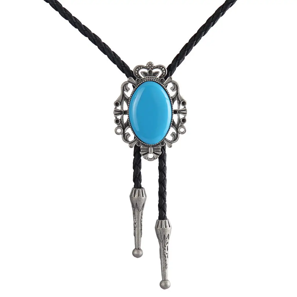 Mens Alloy Bolo Tie Adjustable Neck Chain Retro Turquoise Pendant Western Style Jewelry for Work and Outing