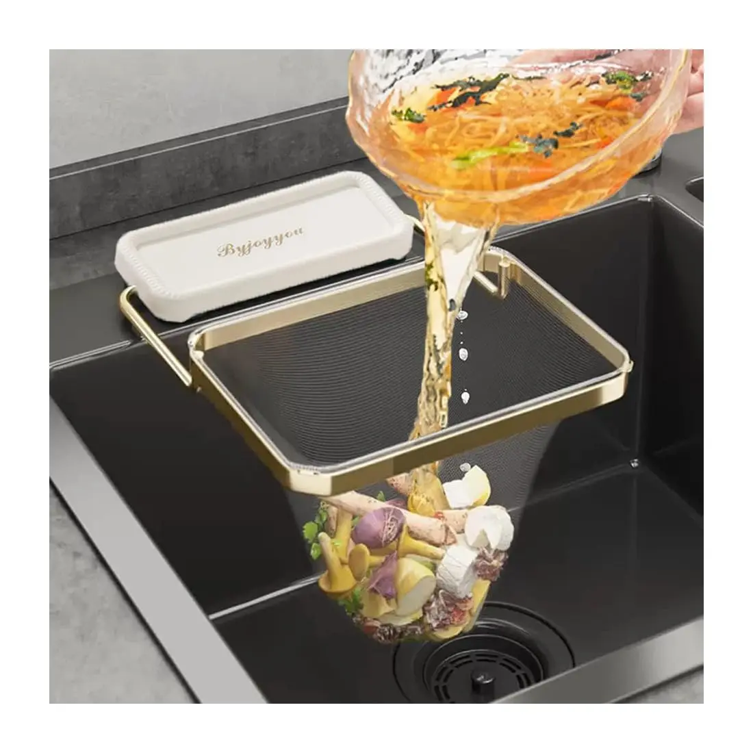 

Kitchen Sink Hanging Strainer with 100 Sink Strainer Net Bag Stainless Steel Corner Sink Basket Holder Mesh Sink Strainers