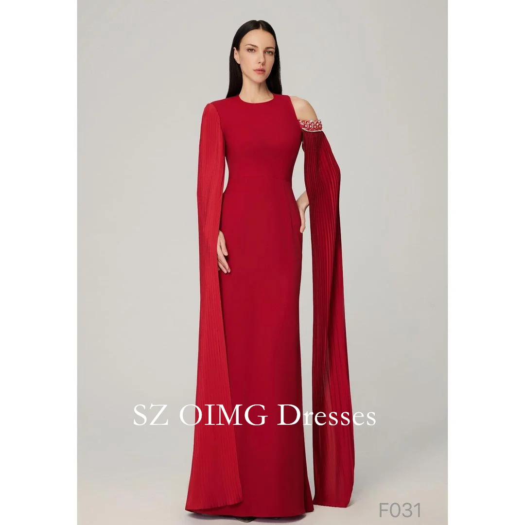 

OIMG Gorgeous Fashion O-Neck Mermaid Red Prom Dresses Cape Sleeves Sheath Elegant Satin Vintage Evening Gowns Formal Party Dress