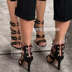 Metal Rivets Stiletto Sandals Lady Belt Buckle Pointy Toe Sandals Women Fashion Open Toe Sexy Chic Elegant Party Big Size Shoes