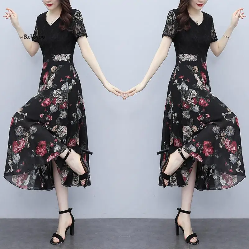 

Chiffon Women Dress New Fashion Lace Short Sleeves Mid V-neck Casual Floral Stitching Summer