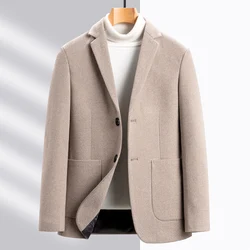 2024 Spring Men Blazer Gray Beige Elegant Sheep Wool Suit Jacket Male Basic Simple Style Garment Smart Casual Attire OOTD Look