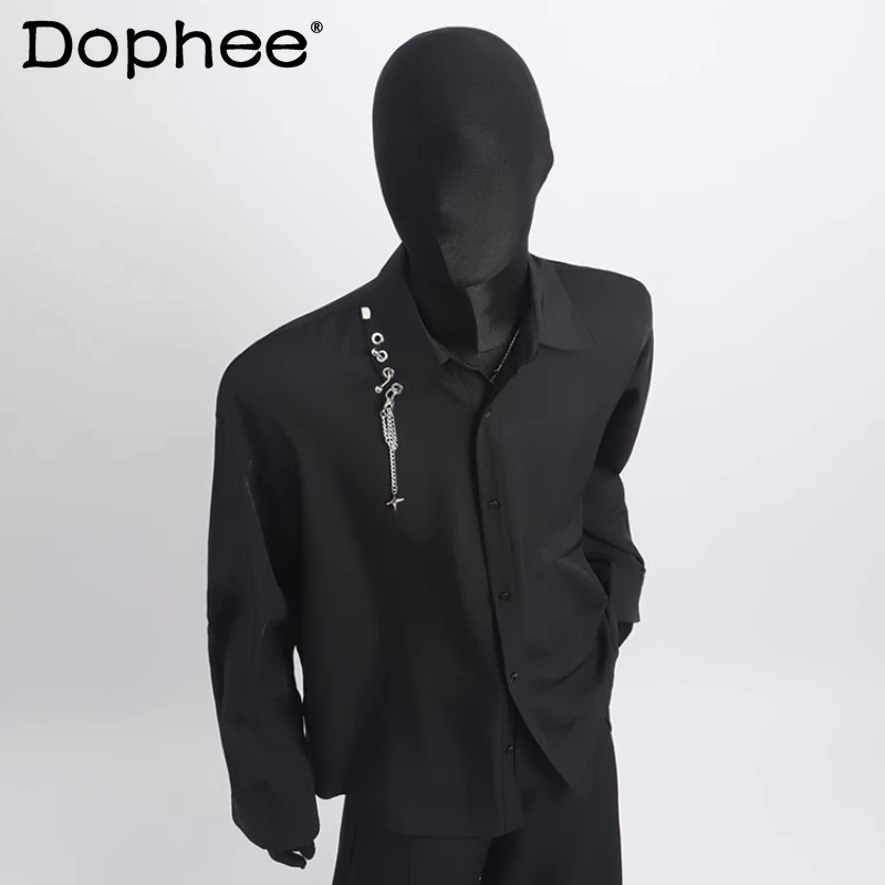 Stylish Solid Color Niche Metal Chain Design Tops Men's Long-sleeve Shirts Men's 2025 Spring Autumn New Trendy Handsome Shirts