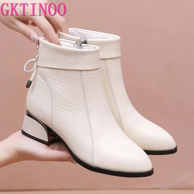 GKTINOO New Ankle Boots Women Pointed Toe Thick Heels Genuine Patent Leather Shoes Short Boots Soft Sole Footwear Plus Size 43