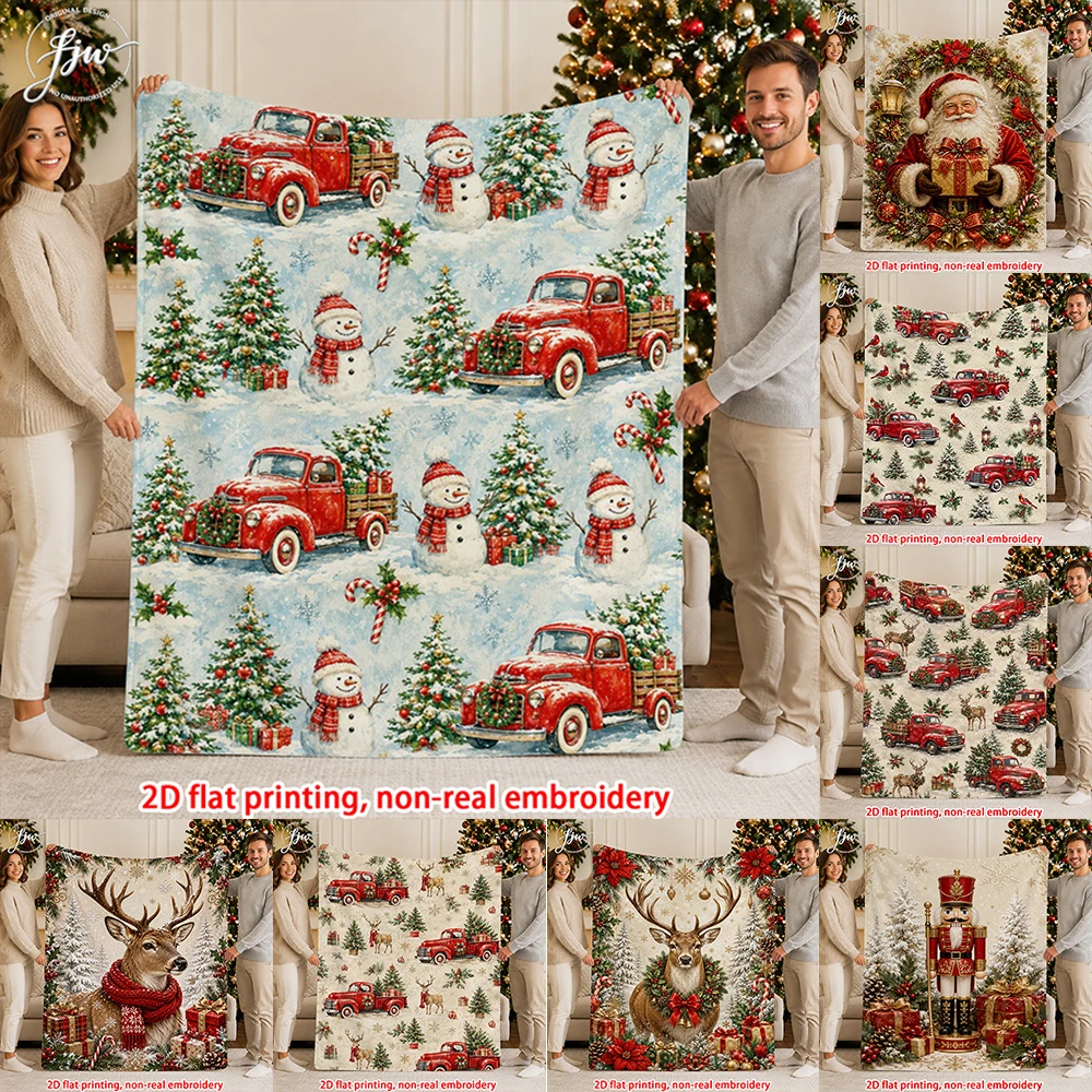 1pcs Christmas Vintage Truck Snowman Reindeer Santa Throw Blanket, Soft Flannel Holiday Decor Blanket for Home Couch Bed