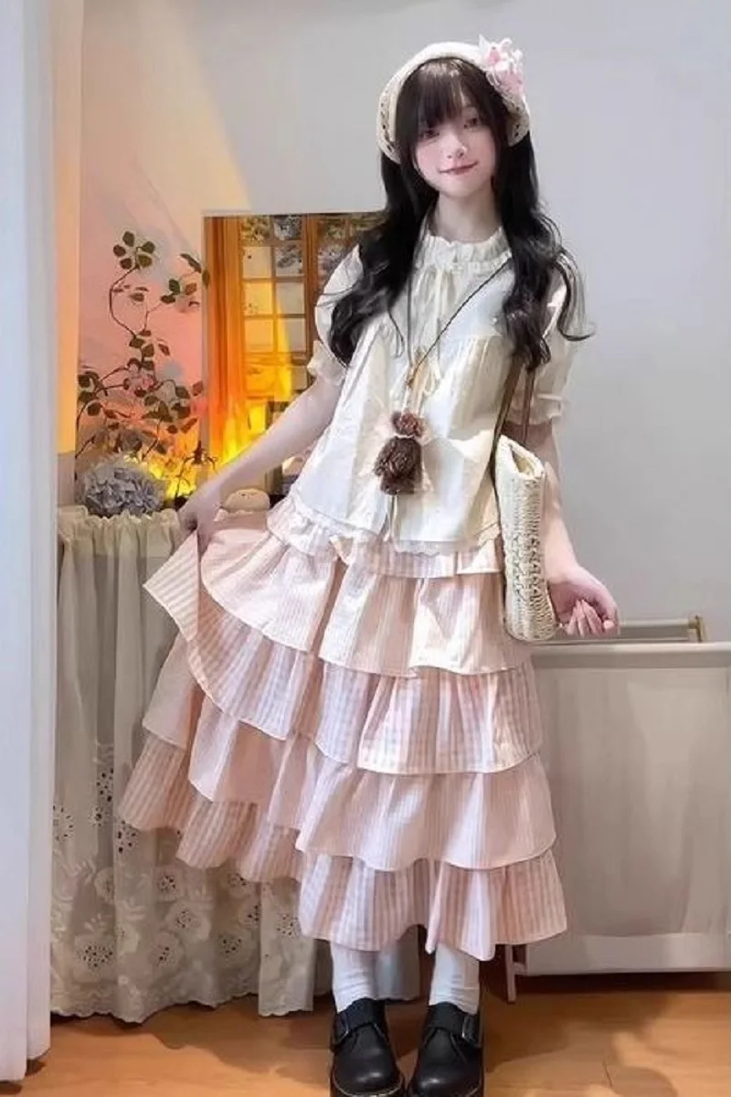 

Sweet College Style Two-Piece Strap Shirt Pink Plaid Long Cake Skirt Women'S Summer New Niche Design Suit