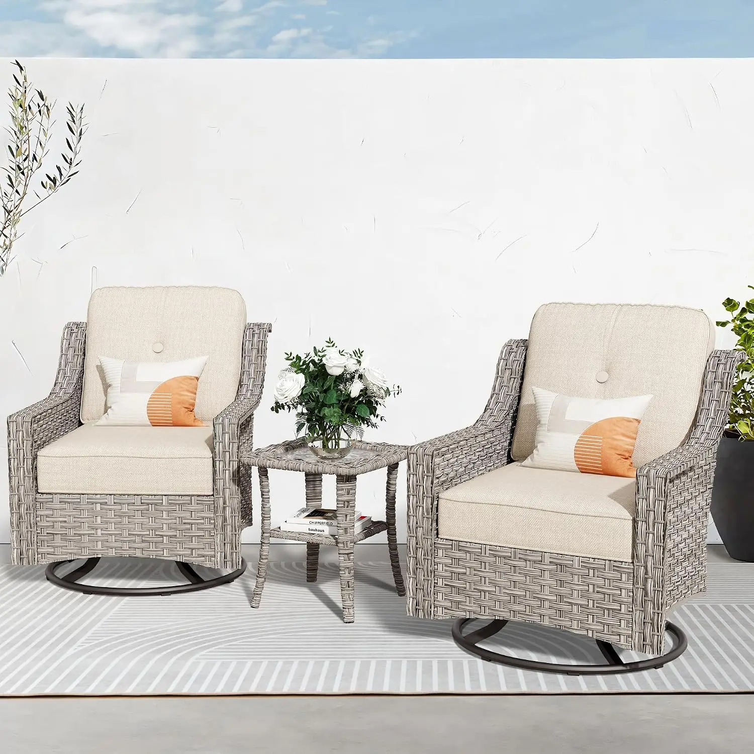 Rainbow Rattan Wicker Rocking Chair Set 2 Swivel Deep Seat Rocker Glider with Coffee Table for Patio Porch Garden, Customized