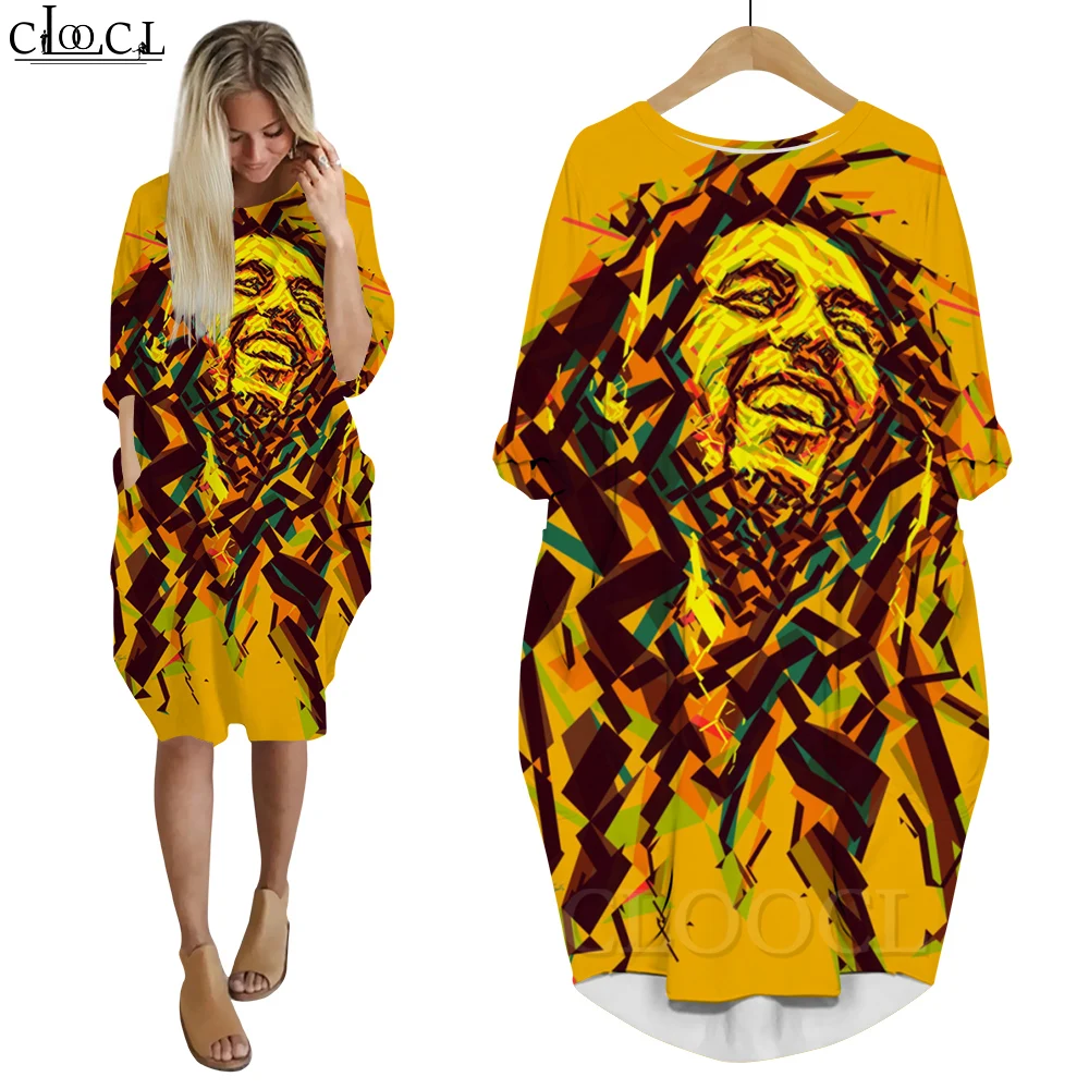 CLOOCL New Fashion Dress Bob Marley Famous Singer 3D Printed Long Sleeves Pocket Dresses Oversized Dress for Women