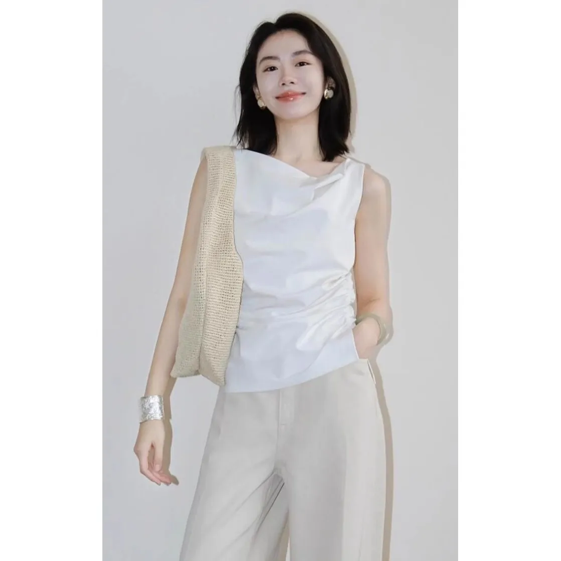 سترة صيفية أنيقة بدون أكمام من التنسل للنساء، تصميم عصري للارتداء اليومي، لون سادة، ماصة للرطوبة، رقيقة وطويلة بشكل منتظم #4