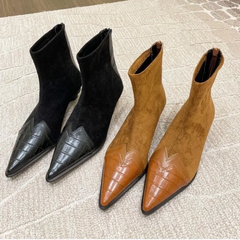 

Fashion Ankle Boots Women Pointed Toe Heels Shoes Suede Snow Boots Autumn Winter 2024 Trend Zipper Short Plush Warm Botas Mujer