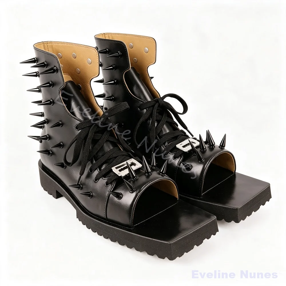 Men Punk Spike Studded Ankle Boots Black Leather Square Toe Lace‑Up Thick Sole High-top Shoes Fashion Gothic Cosplay Street Boot