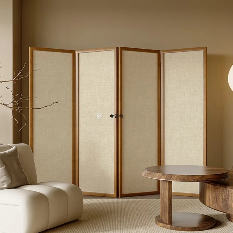 Retro tea room zen Japanese cream style solid wood new Chinese screen partition living room folding mobile home shelter