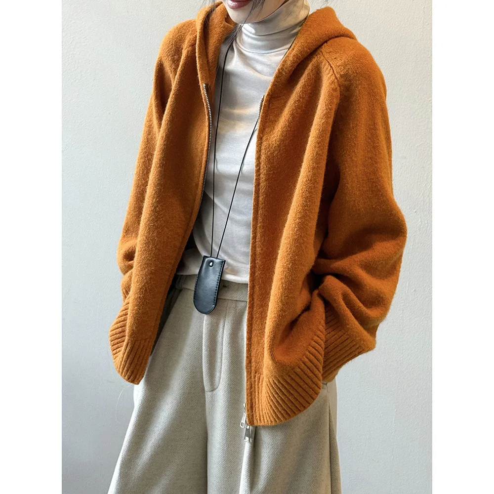 

Zipper Hooded Knitted Cardigan For Women Autumn Winter Casual Solid Color Sweater Jacket