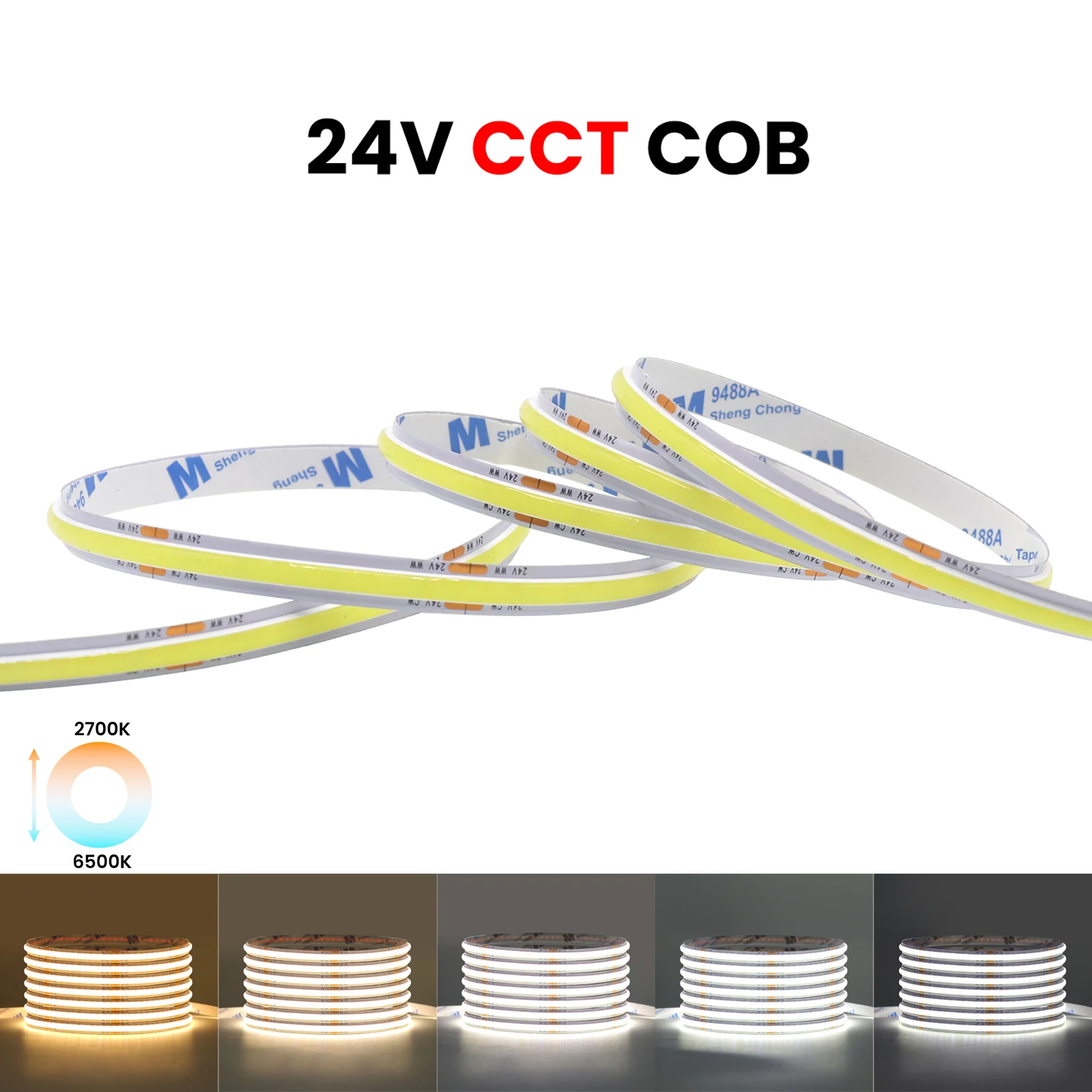 24V 1-10M CCT COB LED Strip IP20 480 LEDs/m 2700K to 6500K Color-Changing LED Tape 8mm Width RA90 Dimmable Double Color Ribbon