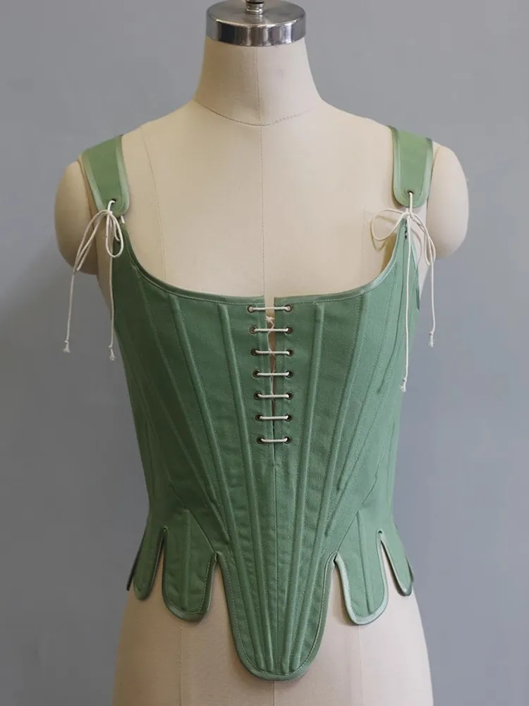 82-94cm Bust Green Corset Women Vintage Elegant Adjustable Fishbone Corset With Front Open Back Lace-Up Cotton Linen Corset Tops