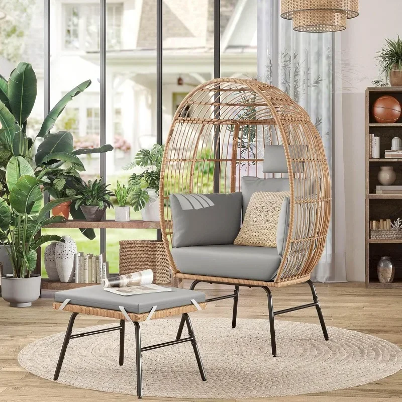 

Outdoor Egg Chair with 2-in-1 Footrest, Patio Wicker Basket Chair with Ottoman, Indoor Egg Chairs