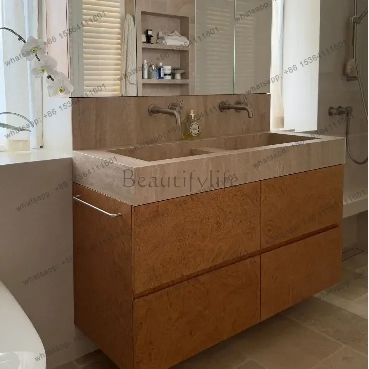 ld Bathroom Cabinet Natural Stone Sink Slate Integrated Double Basin Solid Wood Vanity with Stone Sink  Furniture Storage
