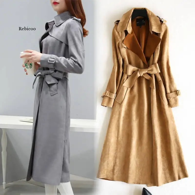 Autumn Spring Long Faux Leather Suede Trench Women Fall Ladies Korean Khaki Red Pink Large Size Faux Suede Coat