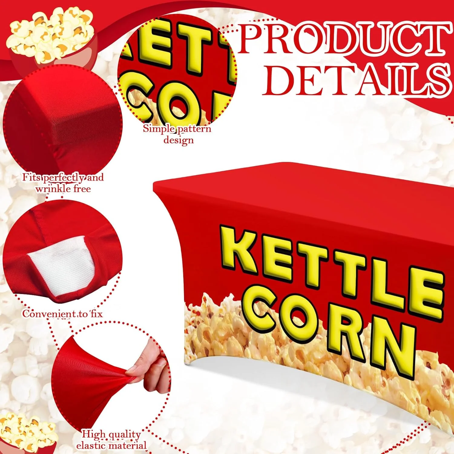 Commercial Grade Popcorn Spandex Table Cover High Density Kettle Corn Non-See-Through Stretch Tablecloth for Food Fair Events