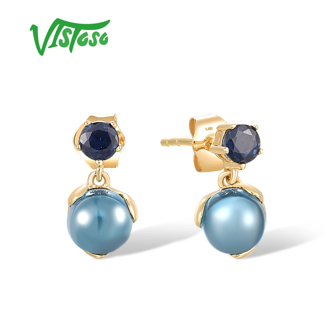 VISTOSO Real 14K 585 Yellow Gold Dangling Stud Earrings For Women Charming Blue Sapphire London Topaz Delicate Cute Fine Jewelry