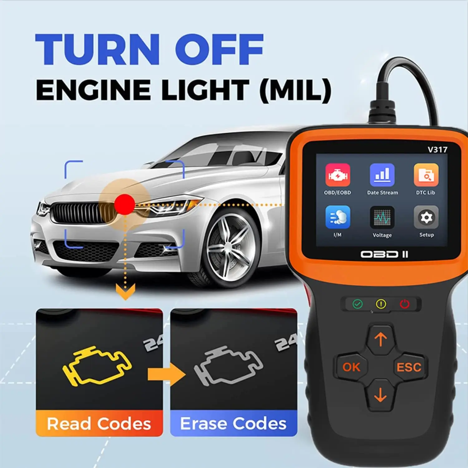 Professional OBD2 V317 Real Time Oxygen Sensor Test Clear Engine Troubleshooting Code Reader with Reset and I/M etc Scanner