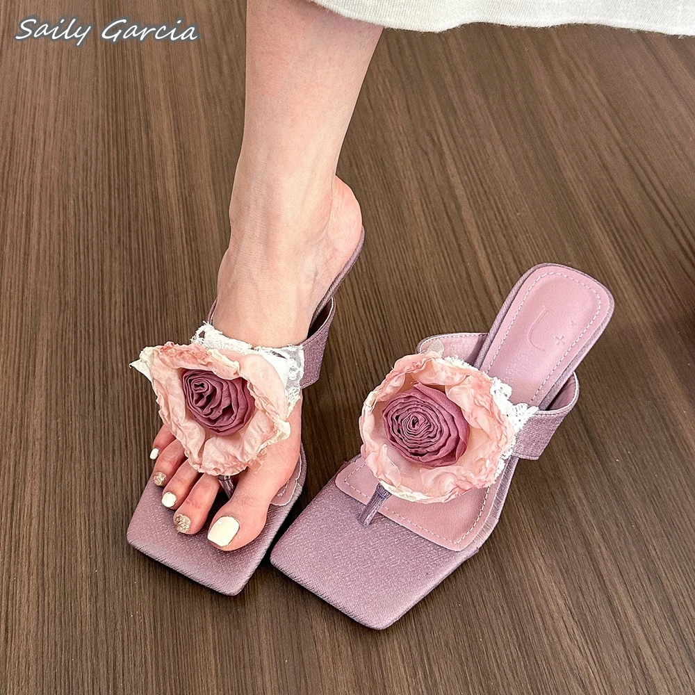 

Open Toe 3D Flower All-Match Shallow Thong Sandals 2024 Summer NEW Fashion Outdoor Slippers Square Toe One Word Belt Sandals