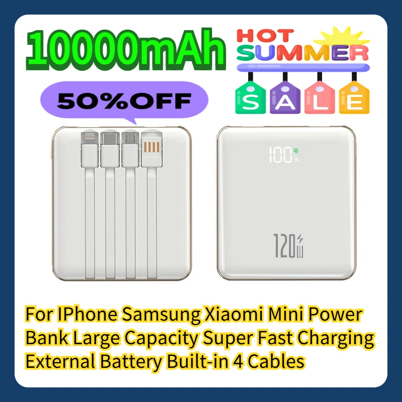 For IPhone Samsung Xiaomi 10000mAh Mini Power Bank Large Capacity Super Fast Charging External Battery Built-in 4 Cables