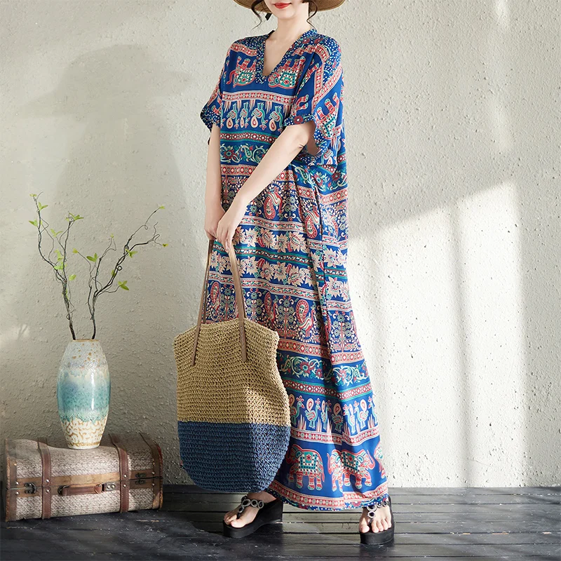 

Новое летнее свободное хлопковое платье с V-образным вырезом, длинное, женское, пляжное, в художественном стиле, для прогулок по городу, с рукавами «летучая мышь», из смесового полиэстера