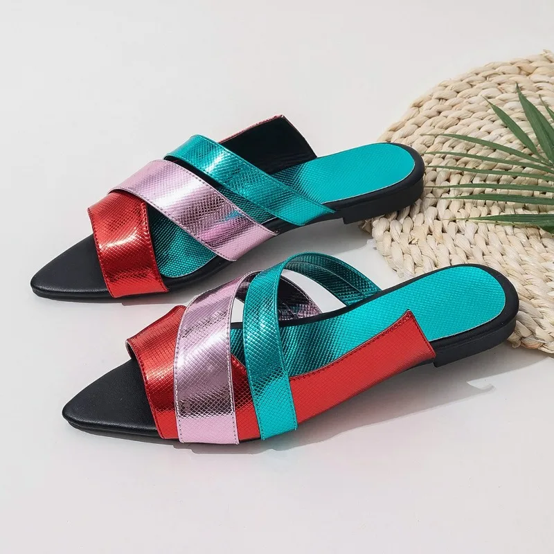 Trendy Contrast Color Women's Slippers 2024 Summer Fashion Wear Outside Ladies One Word Drag Sexy Pointed Toe Female Flat Slides