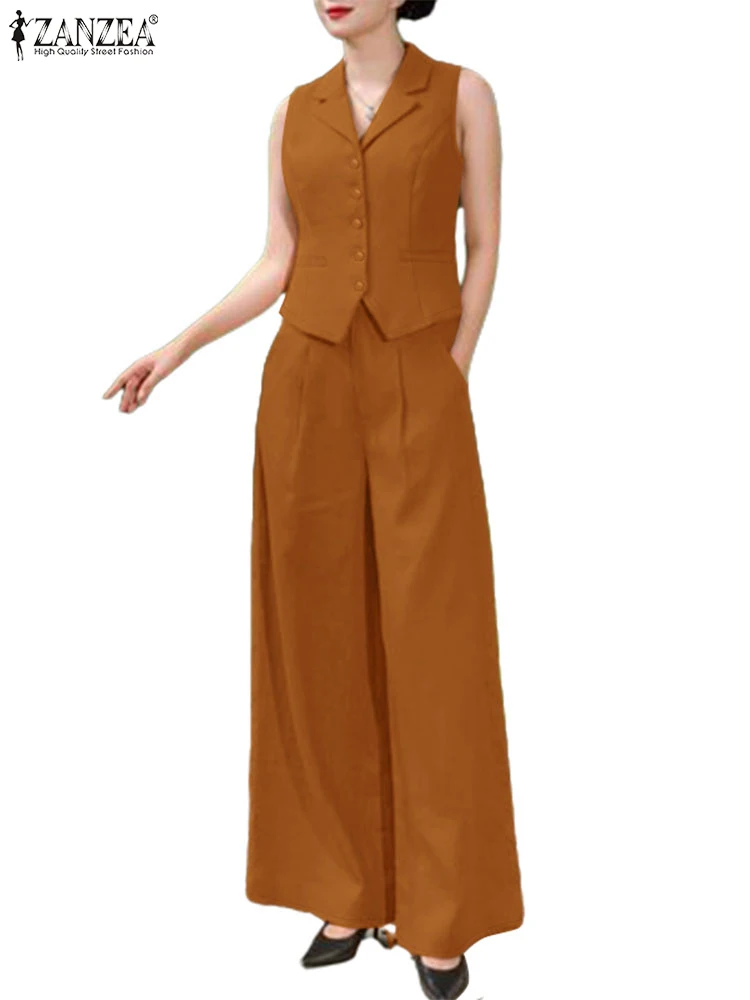 

ZANZEA Womens Vintage 2 Pieces Sets Lapel Sleeveless Vests Wide Leg Pants Two Pieces Outfits Commuting Solid Color Pant Sets