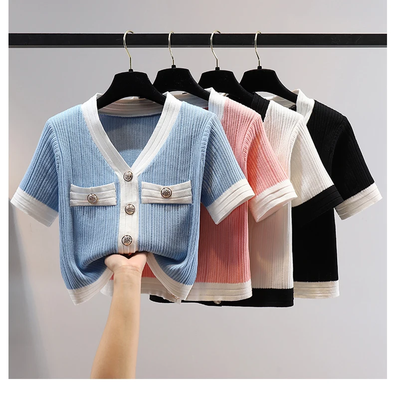 Summer Slim Fit Knitted Cardigan Women Korean Fashion Short Sleeve Sexy V-neck Contrast Color Crop Top Elegant French Shirt Y2k