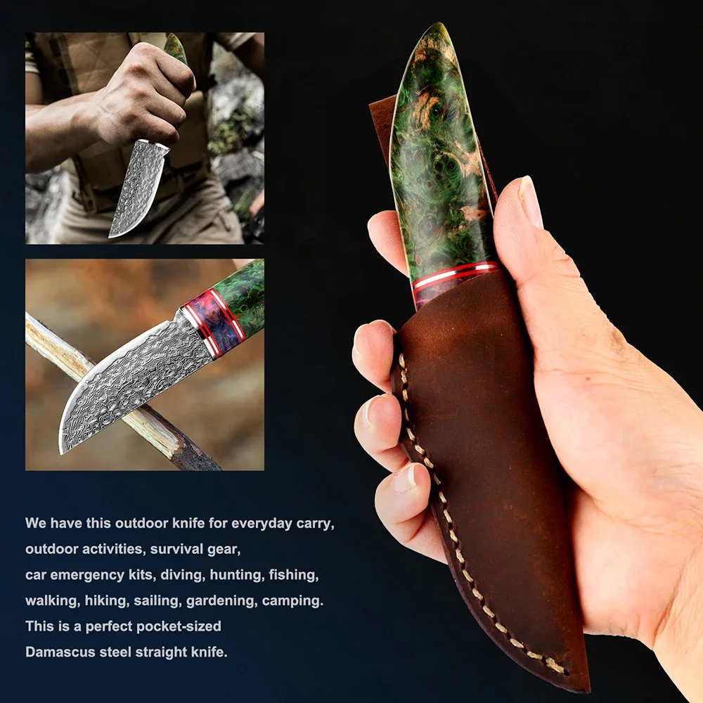 Outdoor Small Straight Knife VG10 Damascus Steel Camping Survival Sharp Knife Fruit Knife Japanese Knife with Leather Sheath