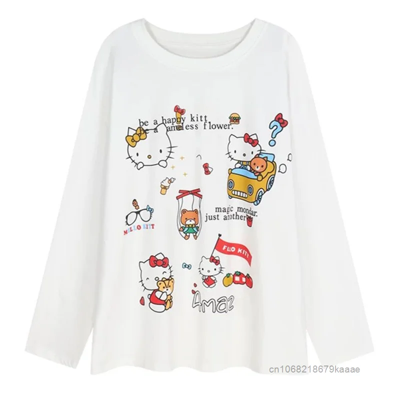 Sanrio Hello Kitty Sweet Cute Cartoon Printed Long Sleeved Base Tees Korean Version Loose Casual White Round Neck Versatile Top