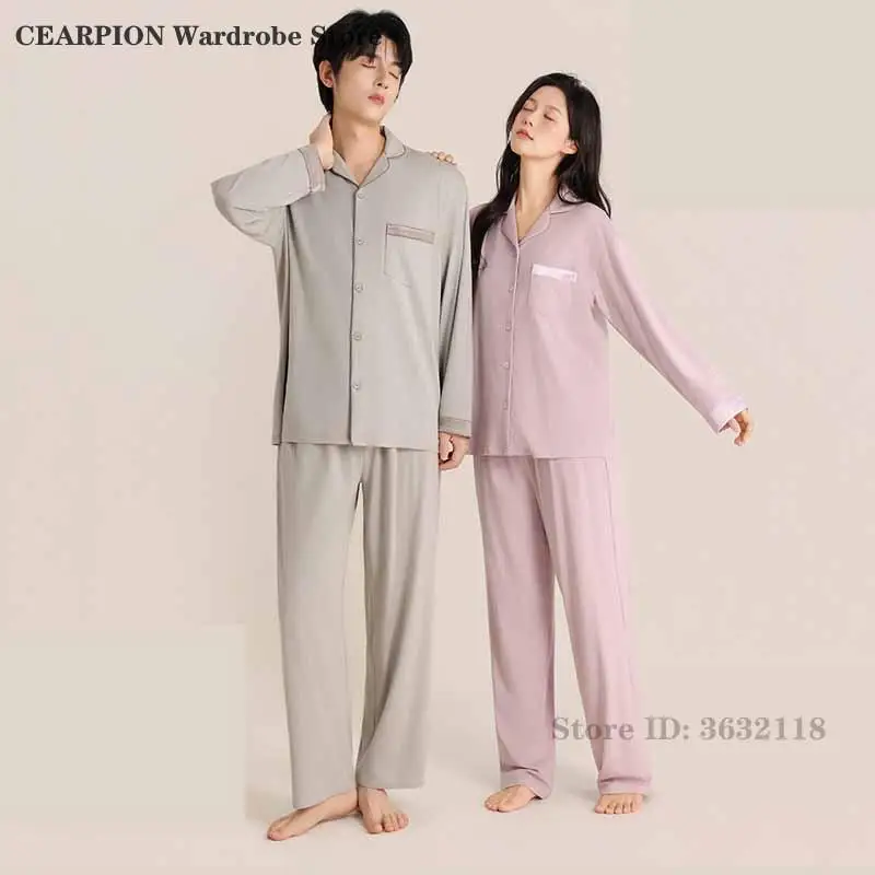 

Spring Summer Couple Cotton Pajamas 2 Pcs Shirt&pant Lapel Comfortable Home Clothes Sleepwear Minimalist Breathable Nightwear