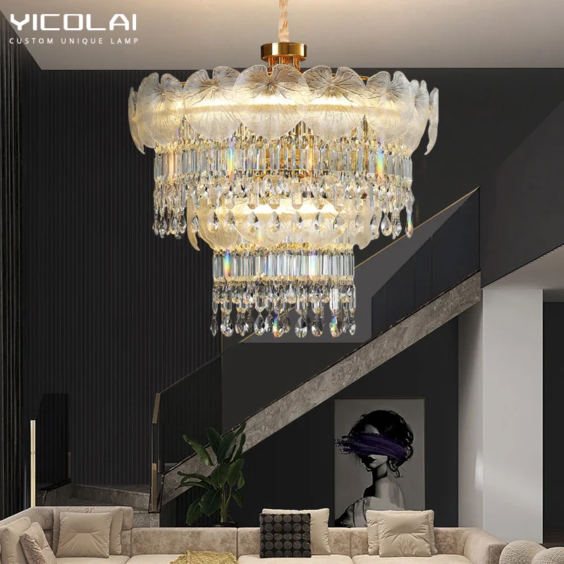 

French Crystal Chandelier Glass Villa Creative Lotus Leaf Headlight For Bedroom Living Dinning Study Room Cloakroom Loft Fixture