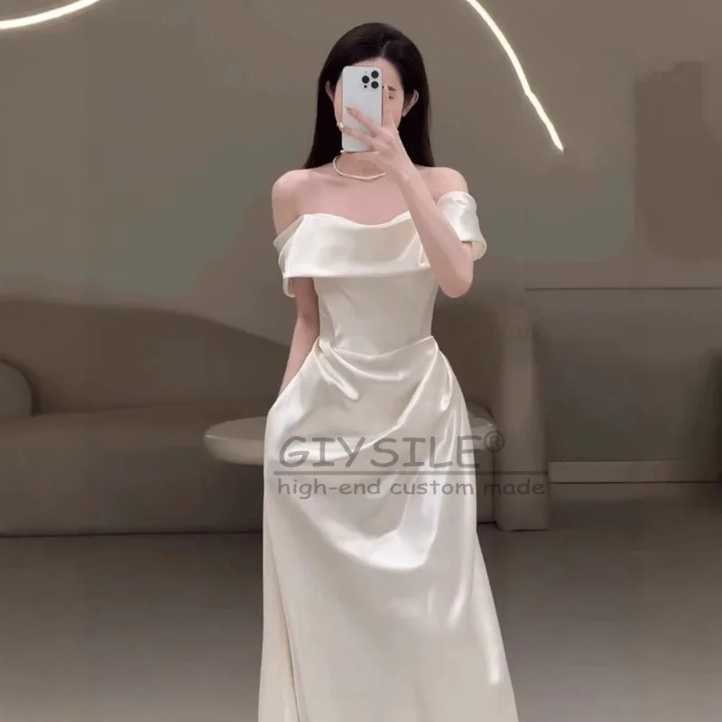 GIYSILEカスタムメイドホワイトウェディングドレス2025新作サテンライトワンショルダー、スモールファッションフィッシュテールテールイブニングドレス