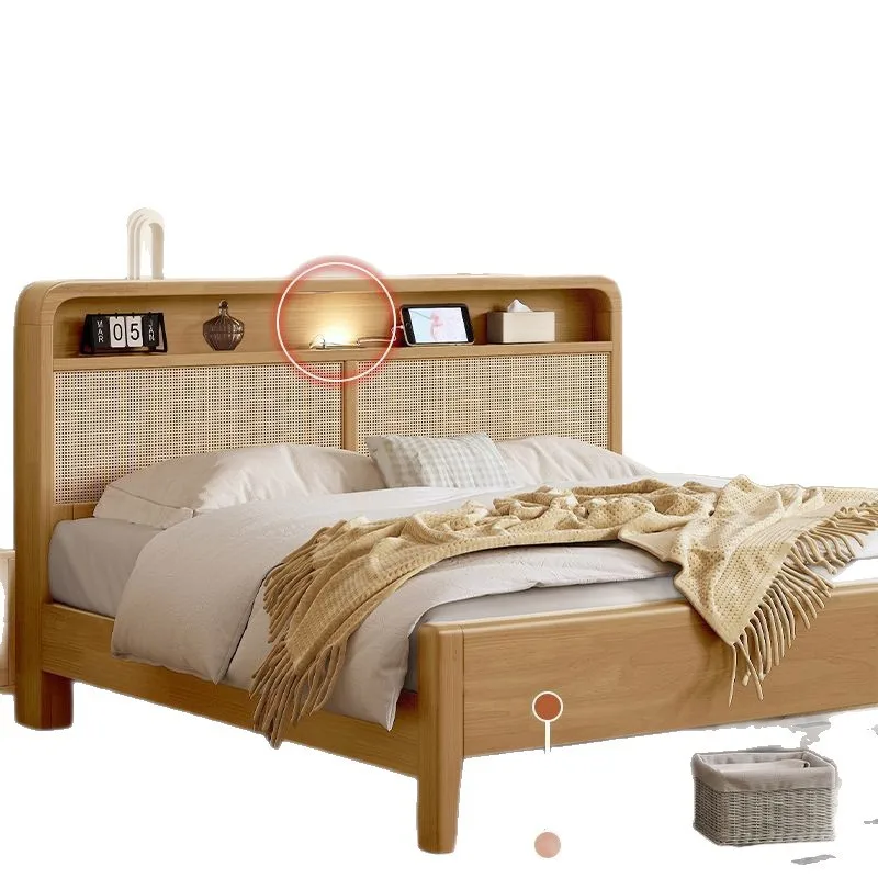 

Chinese solid wood rattan bed wabi-sabi minimalist double bed modern minimalist medieval bed