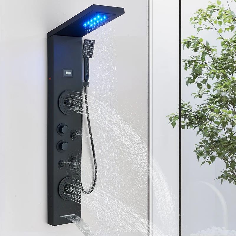 Système de panneau de douche LED noir, colonne de douche pluie et cascade, hydromassage, spa corporel, robinet de douche pour baignoire